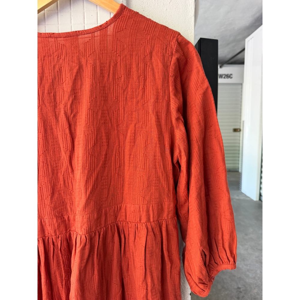 ROVE Alma Mini Dress Cotton M Rust Textured V-Neck Balloon Sleeve Babydoll - Picture 6 of 9